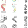 Bloques AutoCAD de escaleras de caracol con vistas en planta, alzado y detalles constructivos para proyectos arquitectónicos.
