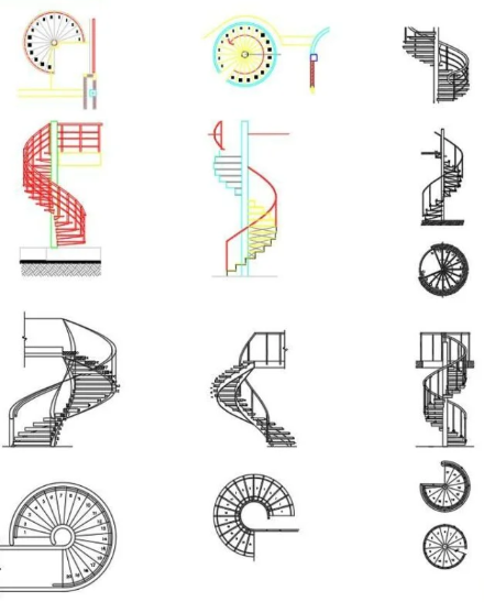 Bloques AutoCAD de escaleras de caracol con vistas en planta, alzado y detalles constructivos para proyectos arquitectónicos.