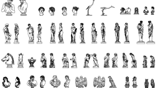 Bloques AutoCAD de esculturas con figuras artísticas, estatuas clásicas y elementos decorativos para proyectos arquitectónicos y paisajísticos.
