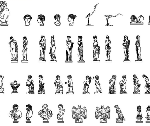 Bloques AutoCAD de esculturas con figuras artísticas, estatuas clásicas y elementos decorativos para proyectos arquitectónicos y paisajísticos.