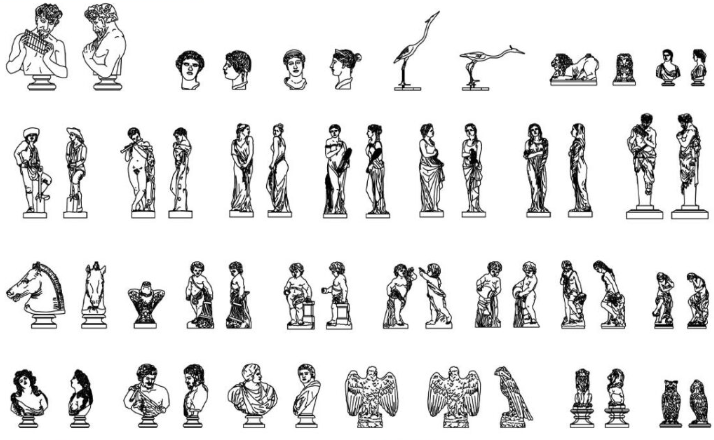 Bloques AutoCAD de esculturas con figuras artísticas, estatuas clásicas y elementos decorativos para proyectos arquitectónicos y paisajísticos.