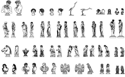 Bloques AutoCAD de esculturas y estatuas clásicas utilizadas para proyectos de arquitectura, diseño de interiores, museografía y paisajismo.