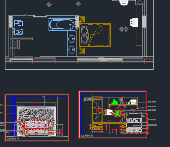 Bloques AutoCAD de especificaciones de dormitorio con dimensiones, mobiliario y distribución para proyectos de arquitectura y diseño interior.