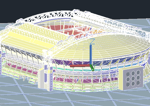 Bloques AutoCAD del estadio Amsterdam Arena con planta, estructura y distribución para proyectos de arquitectura deportiva.