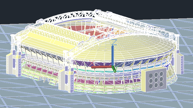 Bloques AutoCAD del estadio Amsterdam Arena con planta, estructura y distribución para proyectos de arquitectura deportiva.
