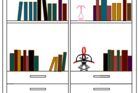 Bloque AutoCAD de estantería con libros y cajones para mobiliario interior en proyectos de arquitectura y diseño de interiores.