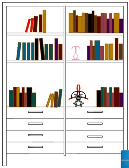 Bloque AutoCAD de estantería con libros y cajones para mobiliario interior en proyectos de arquitectura y diseño de interiores.