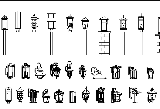 Bloques AutoCAD de faroles y luminarias exteriores decorativas para iluminación urbana, parques y proyectos arquitectónicos.