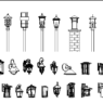 Bloques AutoCAD de faroles y luminarias exteriores decorativas para iluminación urbana, parques y proyectos arquitectónicos.