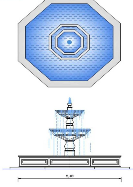Bloque AutoCAD de fuente ornamental con vista en planta y elevación con detalles de agua para proyectos de paisajismo y urbanismo.
