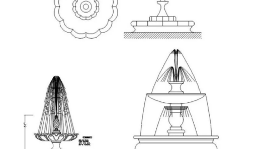Bloques AutoCAD de fuentes decorativas de agua utilizadas para proyectos de paisajismo, plazas públicas y diseño de jardines.