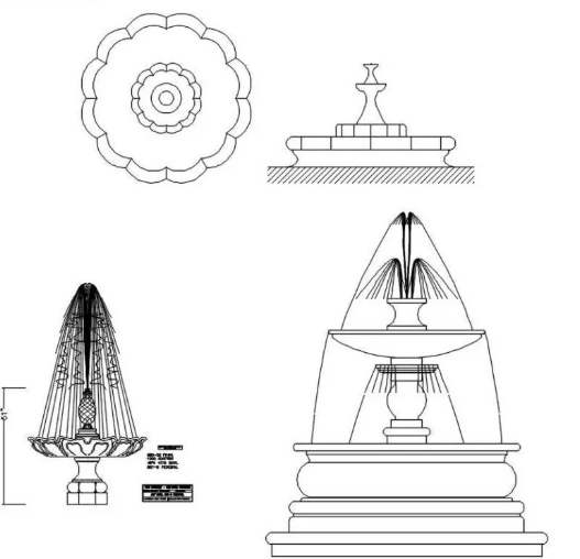 Bloques AutoCAD de fuentes decorativas de agua utilizadas para proyectos de paisajismo, plazas públicas y diseño de jardines.