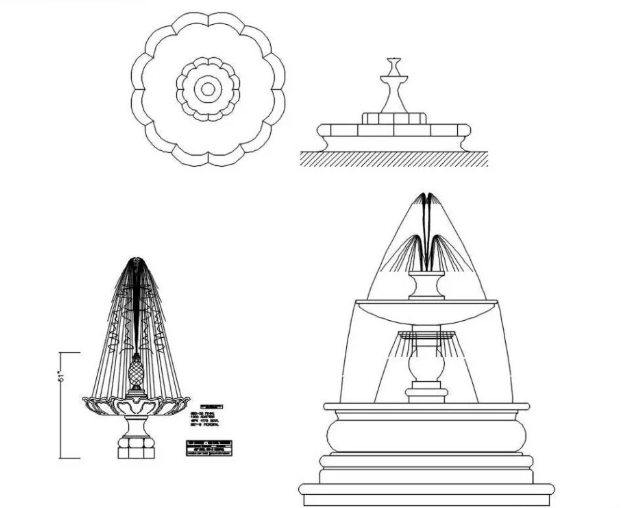 Bloques AutoCAD de fuentes decorativas de agua utilizadas para proyectos de paisajismo, plazas públicas y diseño de jardines.
