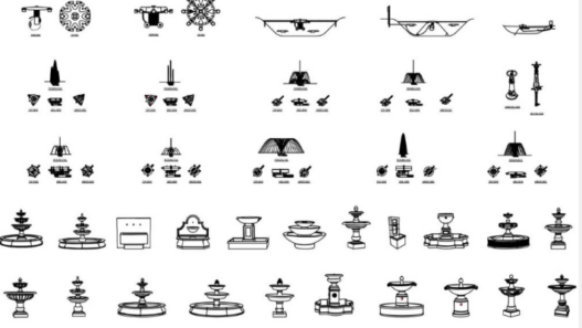 Bloques AutoCAD de fuentes decorativas con diseños ornamentales, detalles de agua y elementos paisajísticos para proyectos arquitectónicos.