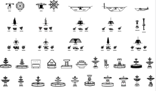 Bloques AutoCAD de fuentes decorativas con diseños ornamentales, detalles de agua y elementos paisajísticos para proyectos arquitectónicos.