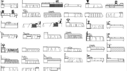 Bloques AutoCAD de camas y muebles de dormitorio en diferentes estilos y configuraciones con vistas laterales para diseño de interiores.