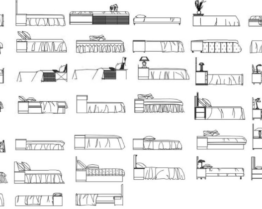 Bloques AutoCAD de camas y muebles de dormitorio en diferentes estilos y configuraciones con vistas laterales para diseño de interiores.