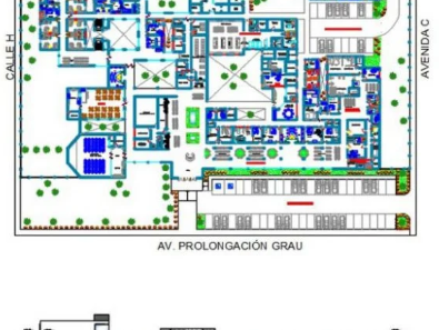Bloques AutoCAD de hospital con planta arquitectónica, distribución de áreas médicas y vistas para proyectos de infraestructura sanitaria.