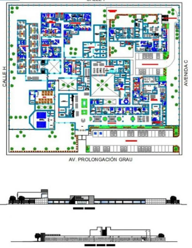 Bloques AutoCAD de hospital con planta arquitectónica, distribución de áreas médicas y vistas para proyectos de infraestructura sanitaria.