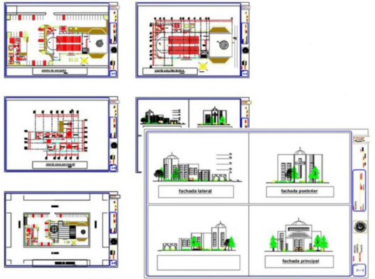 Bloques AutoCAD de iglesia con planos arquitectónicos, distribución interior y detalles estructurales para proyectos religiosos.