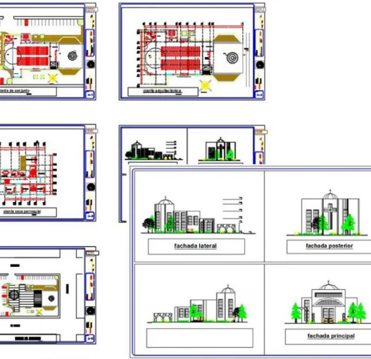Bloques AutoCAD de iglesia con planos arquitectónicos, distribución interior y detalles estructurales para proyectos religiosos.