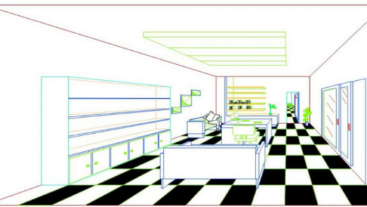 Bloque AutoCAD de interior de oficina moderna con escritorios, estanterías, sillas y mobiliario de trabajo en perspectiva.