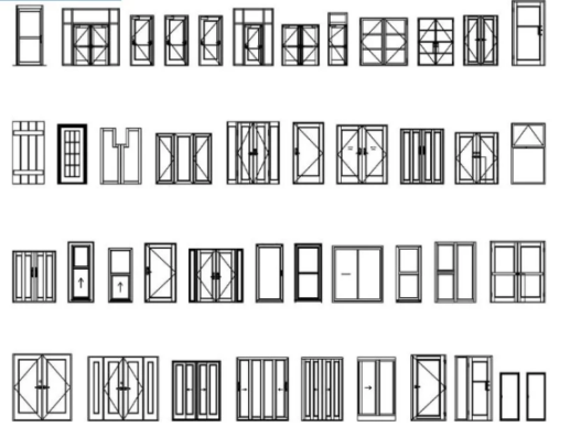 Bloques AutoCAD de interiores de puertas con detalles de apertura, marcos y herrajes para proyectos de arquitectura y diseño interior.