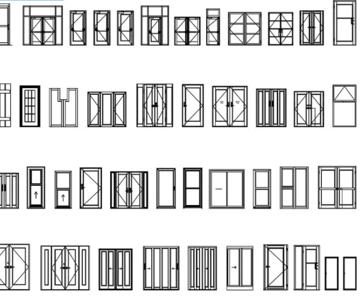 Bloques AutoCAD de interiores de puertas con detalles de apertura, marcos y herrajes para proyectos de arquitectura y diseño interior.