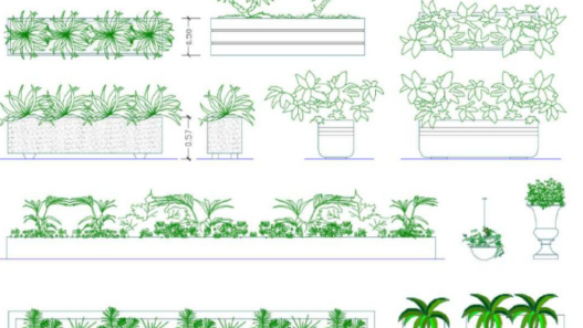 Bloques AutoCAD de jarrones modernos con plantas decorativas, macetas y diseños contemporáneos para proyectos de arquitectura y diseño interior.
