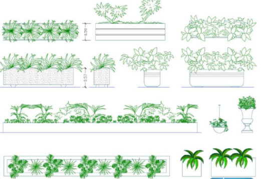 Bloques AutoCAD de jarrones modernos con plantas decorativas, macetas y diseños contemporáneos para proyectos de arquitectura y diseño interior.