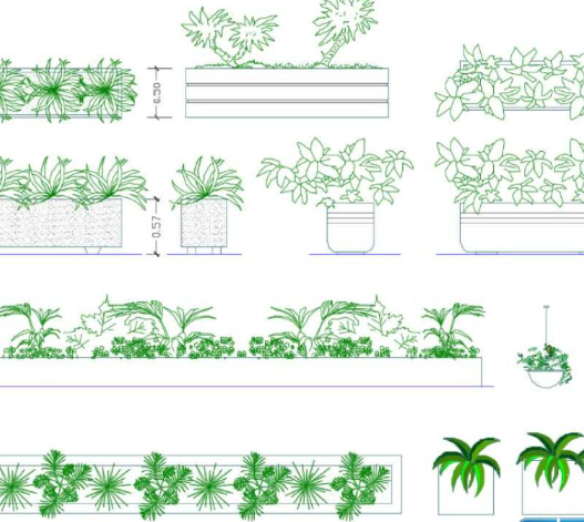 Bloques AutoCAD de jarrones modernos con plantas decorativas, macetas y diseños contemporáneos para proyectos de arquitectura y diseño interior.