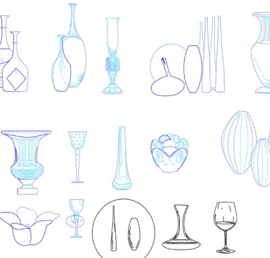 Bloques AutoCAD de jarrones, copas y objetos decorativos utilizados para proyectos de diseño de interiores, decoración y arquitectura.