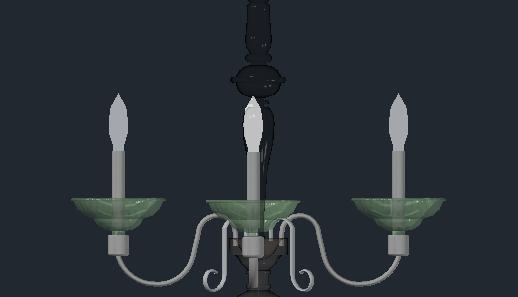 Bloque AutoCAD de lámpara de araña clásica con tres brazos y velas decorativas para proyectos de iluminación interior y diseño de interiores.