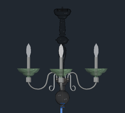 Bloque AutoCAD de lámpara de araña clásica con tres brazos y velas decorativas para proyectos de iluminación interior y diseño de interiores.