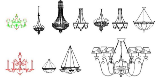 Bloques AutoCAD de lámparas y candelabros decorativos colgantes utilizados para proyectos de iluminación interior y diseño arquitectónico.