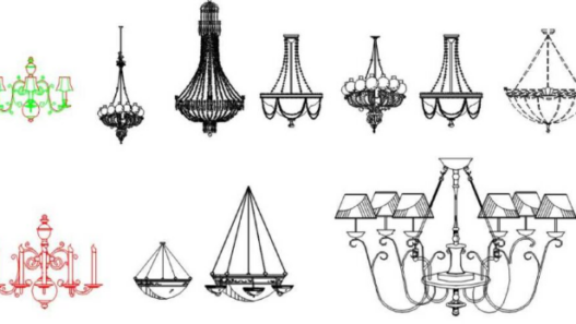 Bloques AutoCAD de lámparas y candelabros decorativos colgantes utilizados para proyectos de iluminación interior y diseño arquitectónico.