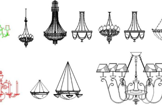 Bloques AutoCAD de lámparas y candelabros decorativos colgantes utilizados para proyectos de iluminación interior y diseño arquitectónico.