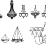 Bloques AutoCAD de lámparas y candelabros decorativos colgantes utilizados para proyectos de iluminación interior y diseño arquitectónico.