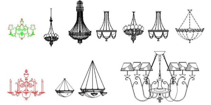 Bloques AutoCAD de lámparas y candelabros decorativos colgantes utilizados para proyectos de iluminación interior y diseño arquitectónico.
