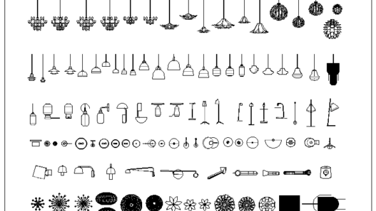 Bloques AutoCAD de lámparas colgantes y luminarias decorativas para iluminación interior en proyectos de arquitectura y diseño de interiores.