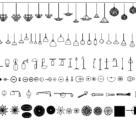 Bloques AutoCAD de lámparas colgantes y luminarias decorativas para iluminación interior en proyectos de arquitectura y diseño de interiores.