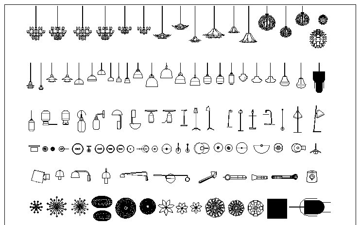 Bloques AutoCAD de lámparas colgantes y luminarias decorativas para iluminación interior en proyectos de arquitectura y diseño de interiores.