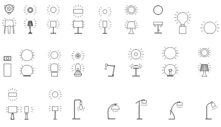 Bloques AutoCAD de lámparas y luminarias decorativas para iluminación interior en proyectos de arquitectura y diseño de interiores.