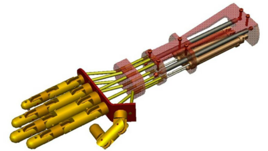 Bloque AutoCAD de mano robótica mecánica con sistema de actuadores y estructura industrial para proyectos de ingeniería y robótica.