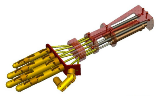 Bloque AutoCAD de mano robótica mecánica con sistema de actuadores y estructura industrial para proyectos de ingeniería y robótica.