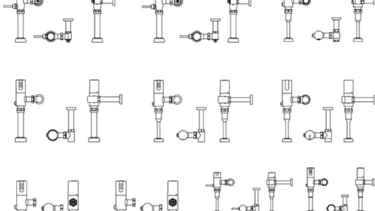 Bloque AutoCAD de medidor manual de descarga para inodoro tipo fluxómetro con vistas técnicas en diferentes posiciones para instalaciones sanitarias.
