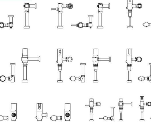 Bloque AutoCAD de medidor manual de descarga para inodoro tipo fluxómetro con vistas técnicas en diferentes posiciones para instalaciones sanitarias.