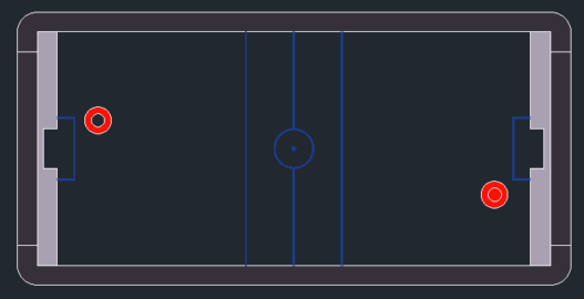 Bloques AutoCAD de mesa de hockey con vista en planta, detalles estructurales y medidas para proyectos recreativos y deportivos.