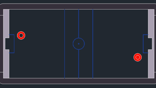Bloques AutoCAD de mesa de hockey con vista en planta, detalles estructurales y medidas para proyectos recreativos y deportivos.