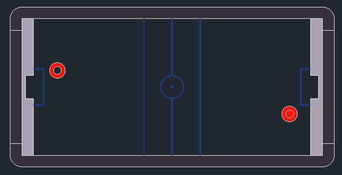 Bloques AutoCAD de mesa de hockey con vista en planta, detalles estructurales y medidas para proyectos recreativos y deportivos.